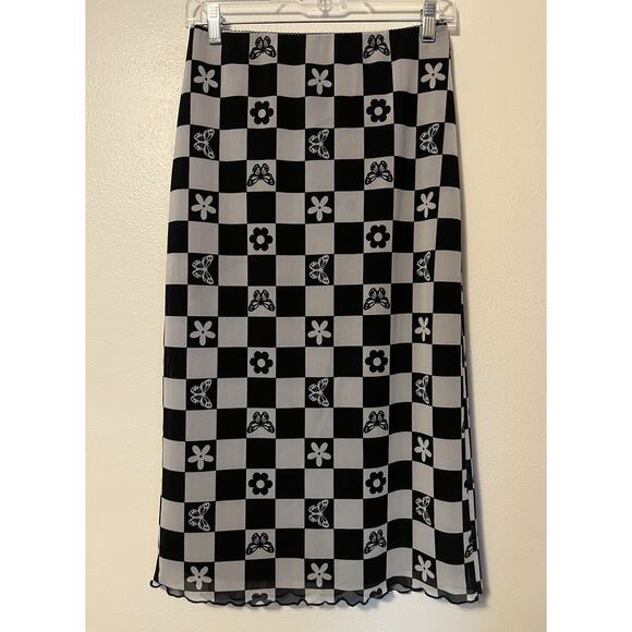 Forever 21 Black White Checkered Midi Pencil Skirt Medium Flower Butterfly Goth - Picture 1 of 9